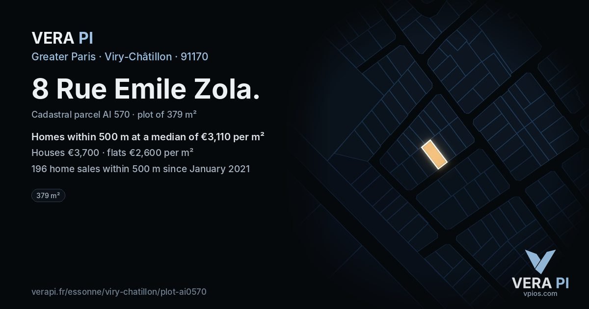 8 Rue Emile Zola, Viry-Châtillon at night – the plot lit, the parcels around coloured by the prices near them