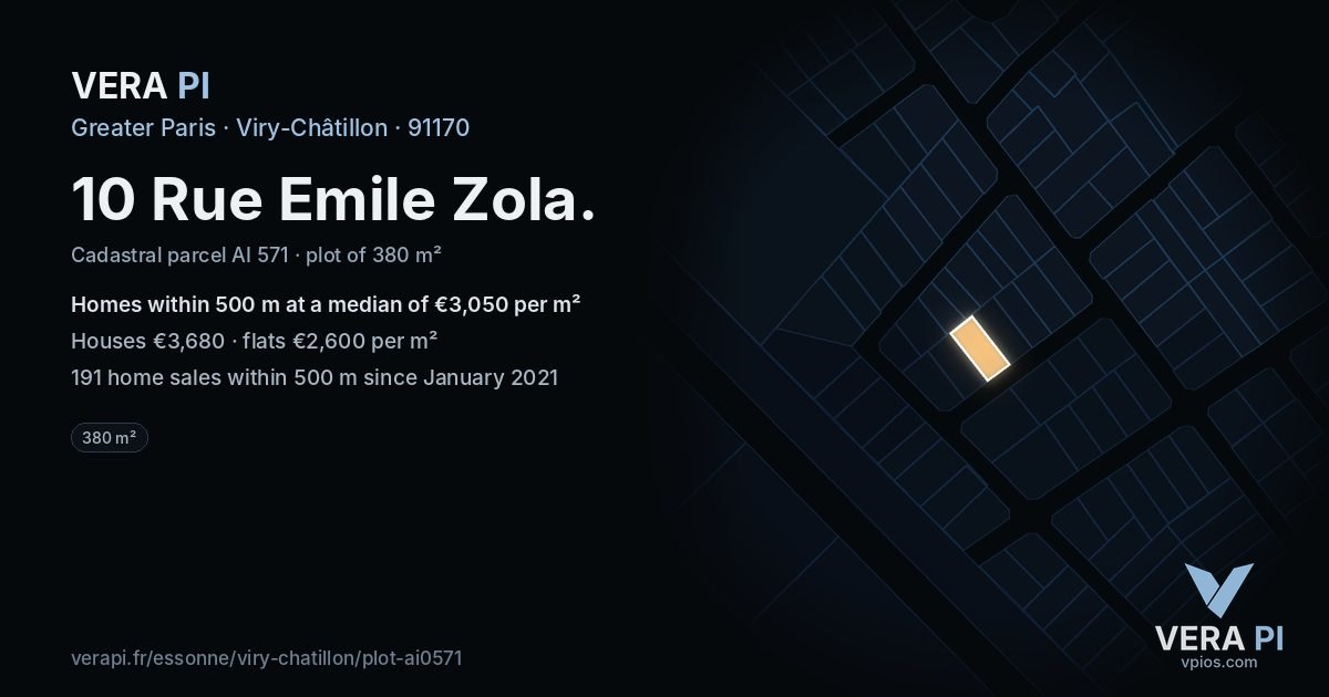 10 Rue Emile Zola, Viry-Châtillon at night – the plot lit, the parcels around coloured by the prices near them