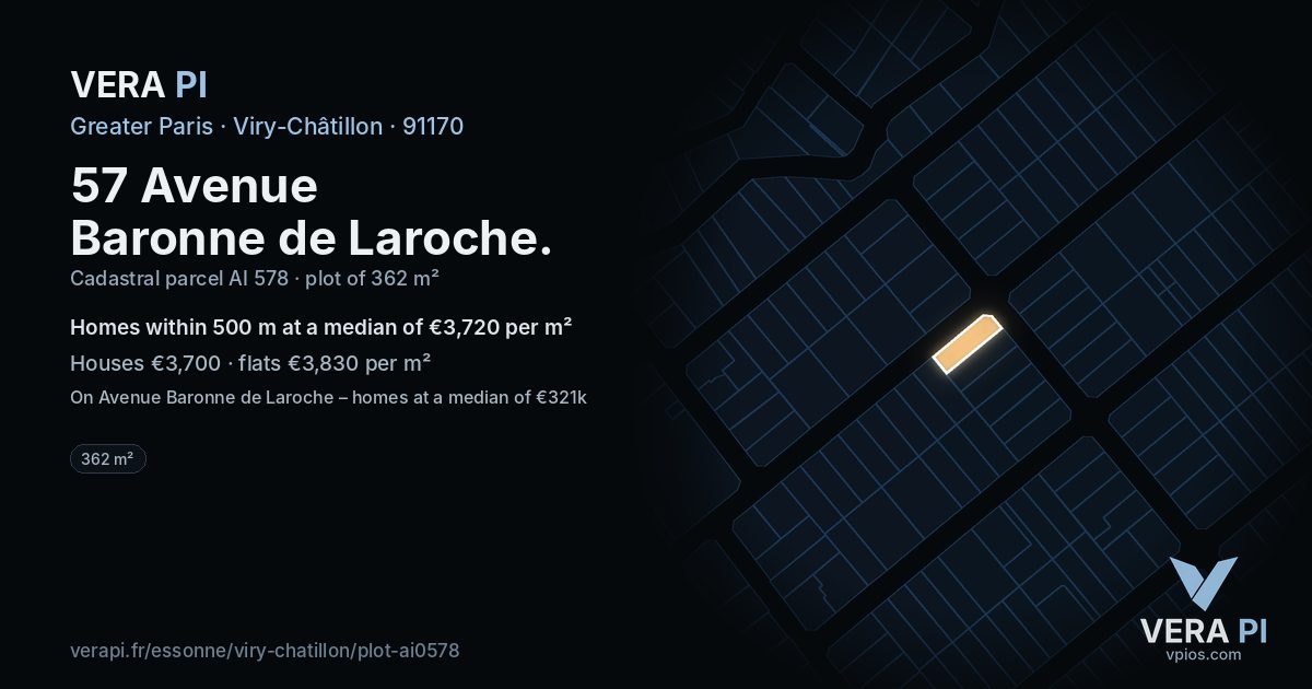 57 Avenue Baronne de Laroche, Viry-Châtillon at night – the plot lit, the parcels around coloured by the prices near them