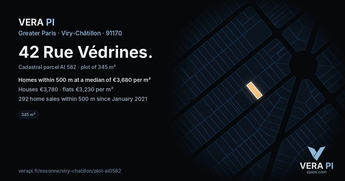 42 Rue Védrines, Viry-Châtillon at night – the plot lit, the parcels around coloured by the prices near them