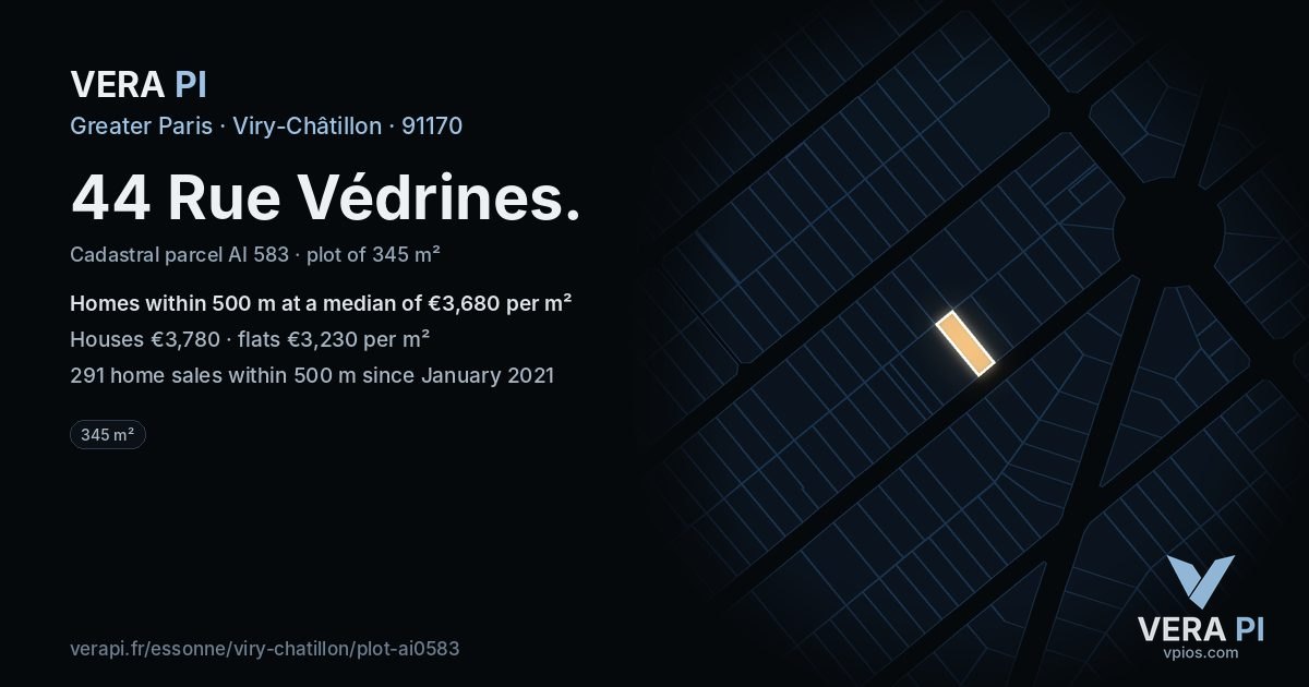 44 Rue Védrines, Viry-Châtillon at night – the plot lit, the parcels around coloured by the prices near them