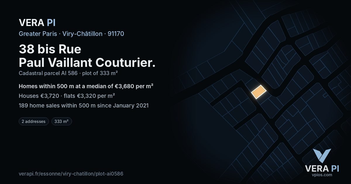 38 bis Rue Paul Vaillant Couturier, Viry-Châtillon at night – the plot lit, the parcels around coloured by the prices near them