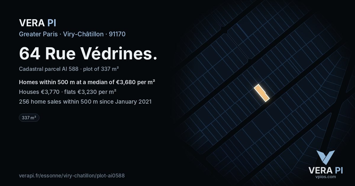 64 Rue Védrines, Viry-Châtillon at night – the plot lit, the parcels around coloured by the prices near them