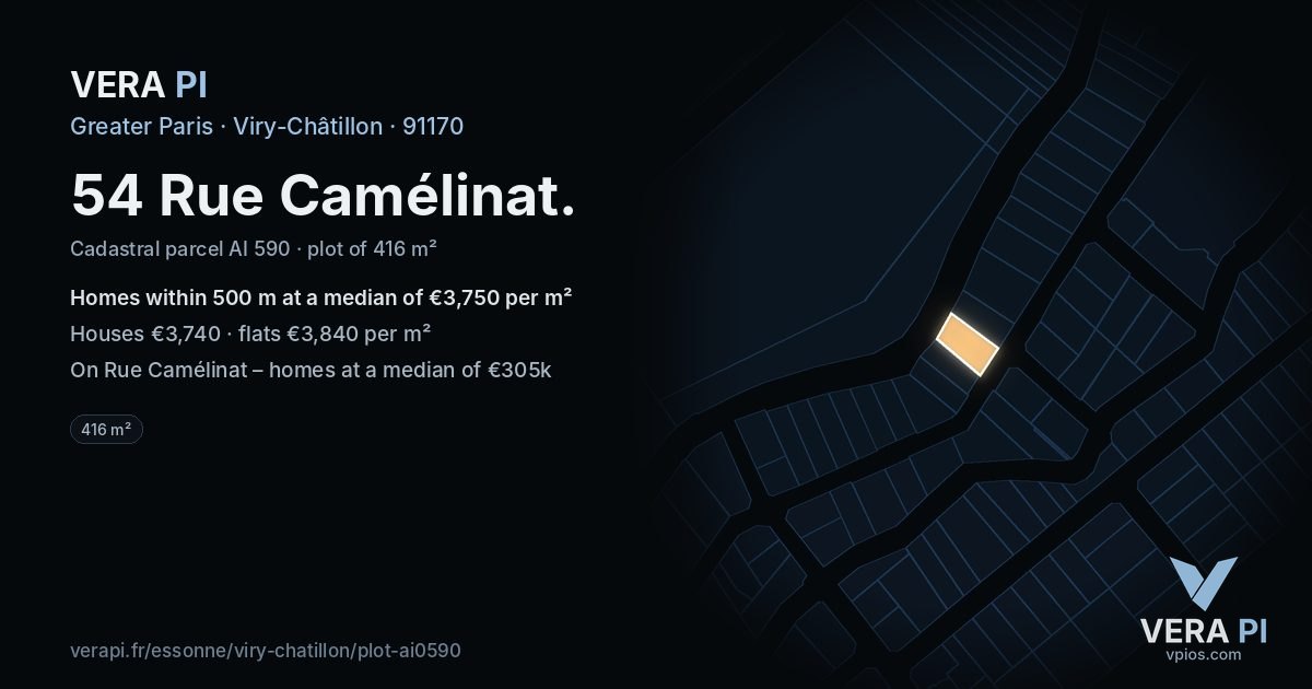 54 Rue Camélinat, Viry-Châtillon at night – the plot lit, the parcels around coloured by the prices near them