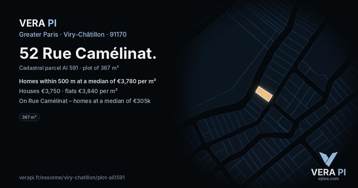 52 Rue Camélinat, Viry-Châtillon at night – the plot lit, the parcels around coloured by the prices near them