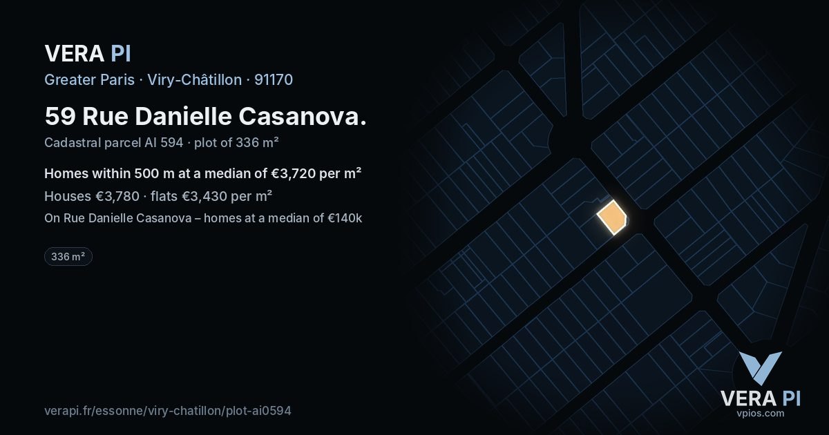 59 Rue Danielle Casanova, Viry-Châtillon at night – the plot lit, the parcels around coloured by the prices near them