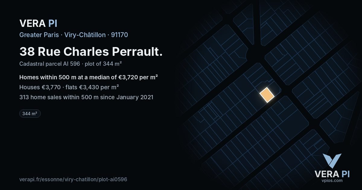 38 Rue Charles Perrault, Viry-Châtillon at night – the plot lit, the parcels around coloured by the prices near them