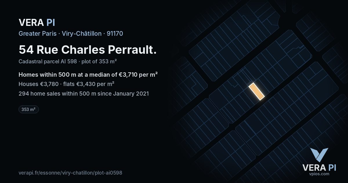 54 Rue Charles Perrault, Viry-Châtillon at night – the plot lit, the parcels around coloured by the prices near them