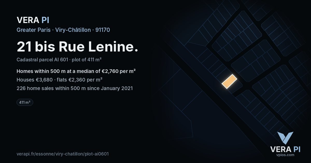 21 bis Rue Lenine, Viry-Châtillon at night – the plot lit, the parcels around coloured by the prices near them