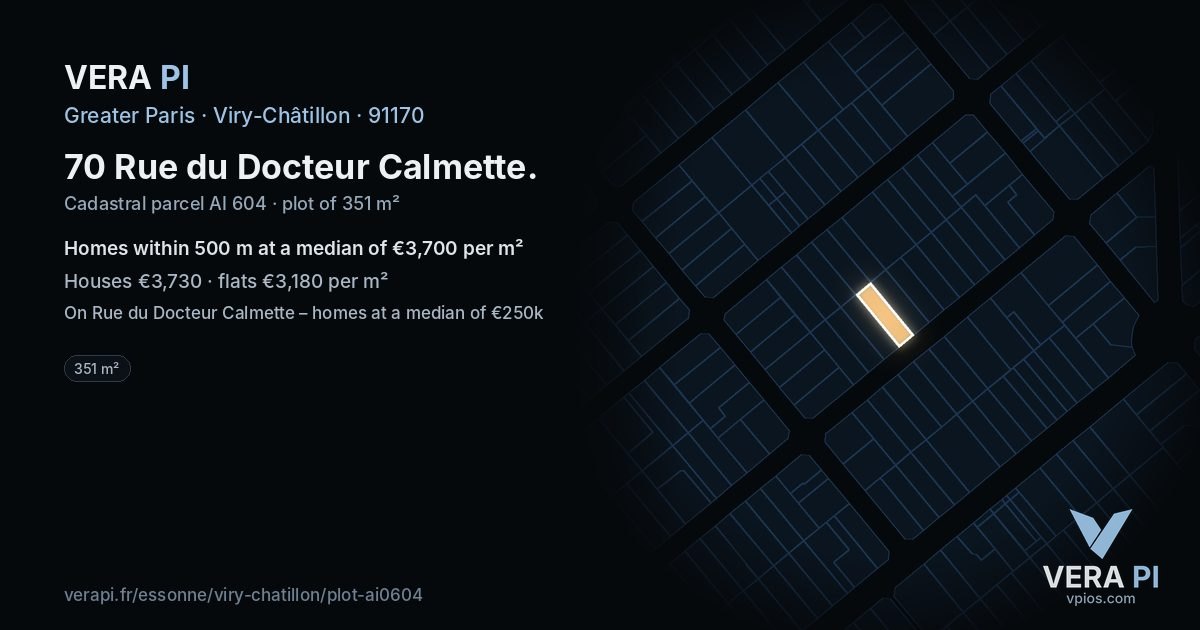 70 Rue du Docteur Calmette, Viry-Châtillon at night – the plot lit, the parcels around coloured by the prices near them