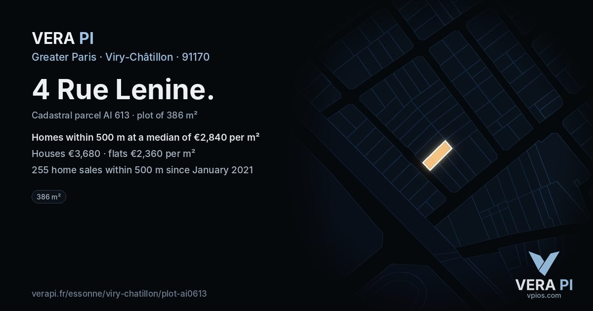 4 Rue Lenine, Viry-Châtillon at night – the plot lit, the parcels around coloured by the prices near them