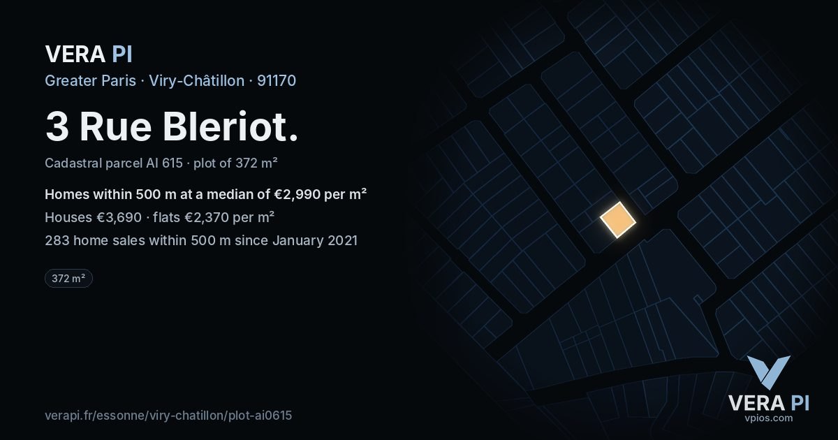 3 Rue Bleriot, Viry-Châtillon at night – the plot lit, the parcels around coloured by the prices near them