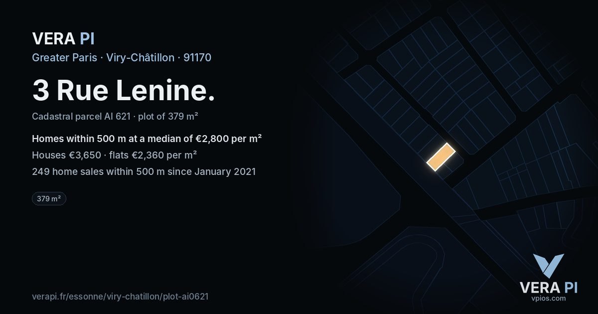 3 Rue Lenine, Viry-Châtillon at night – the plot lit, the parcels around coloured by the prices near them