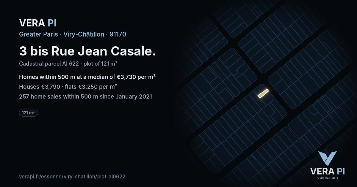 3 bis Rue Jean Casale, Viry-Châtillon at night – the plot lit, the parcels around coloured by the prices near them