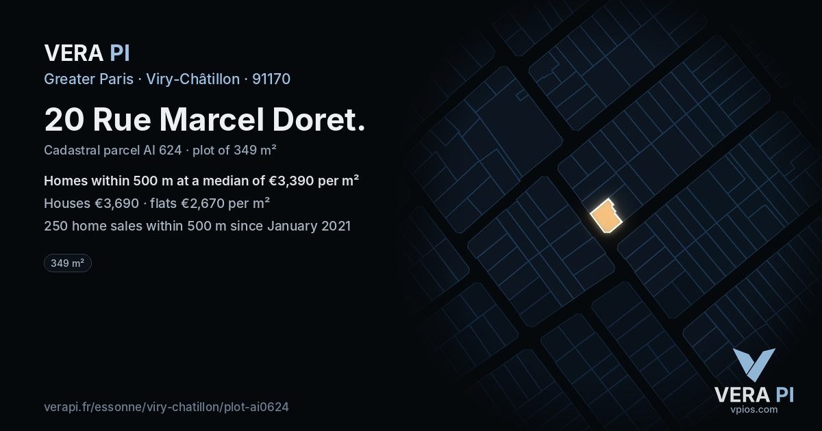 20 Rue Marcel Doret, Viry-Châtillon at night – the plot lit, the parcels around coloured by the prices near them