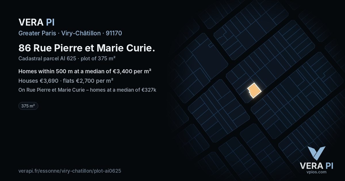 86 Rue Pierre et Marie Curie, Viry-Châtillon at night – the plot lit, the parcels around coloured by the prices near them