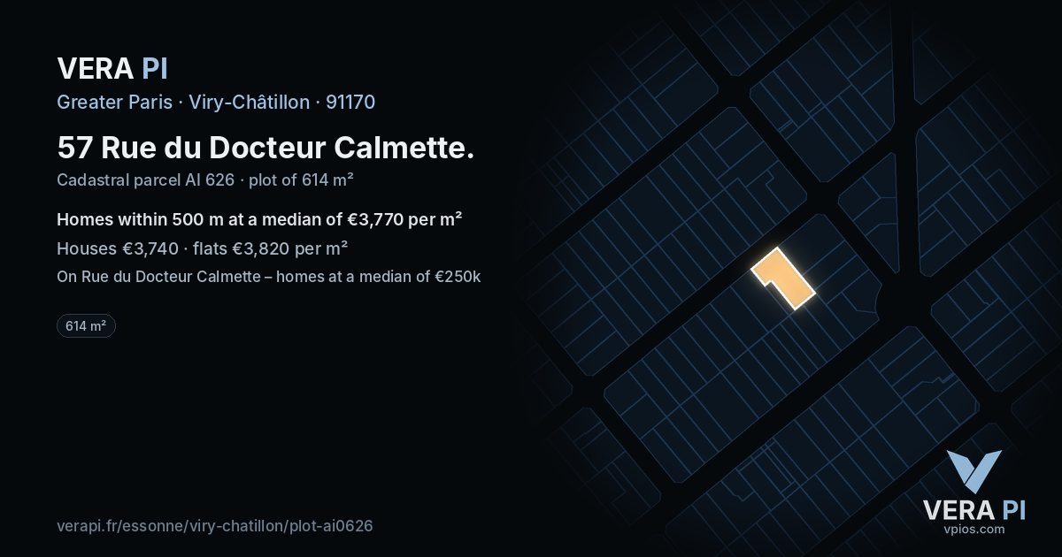 57 Rue du Docteur Calmette, Viry-Châtillon at night – the plot lit, the parcels around coloured by the prices near them