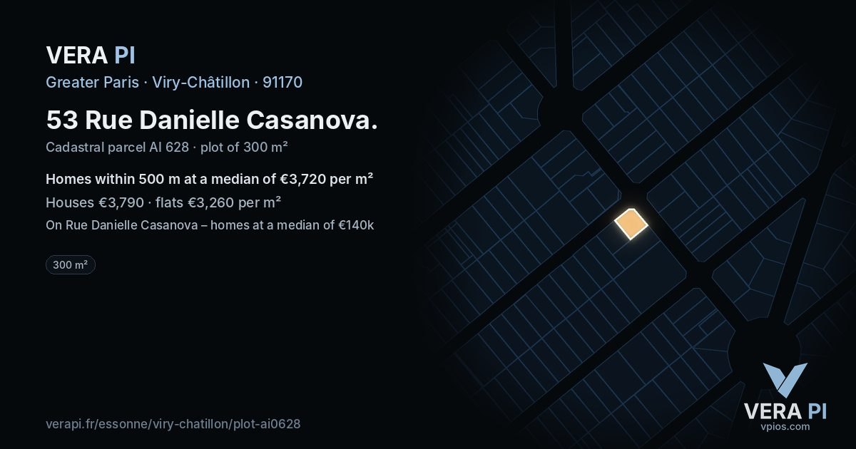 53 Rue Danielle Casanova, Viry-Châtillon at night – the plot lit, the parcels around coloured by the prices near them