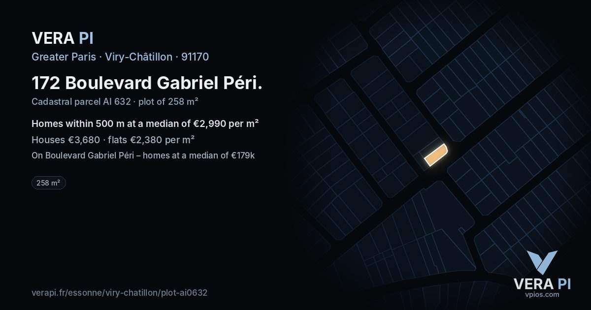 172 Boulevard Gabriel Péri, Viry-Châtillon at night – the plot lit, the parcels around coloured by the prices near them