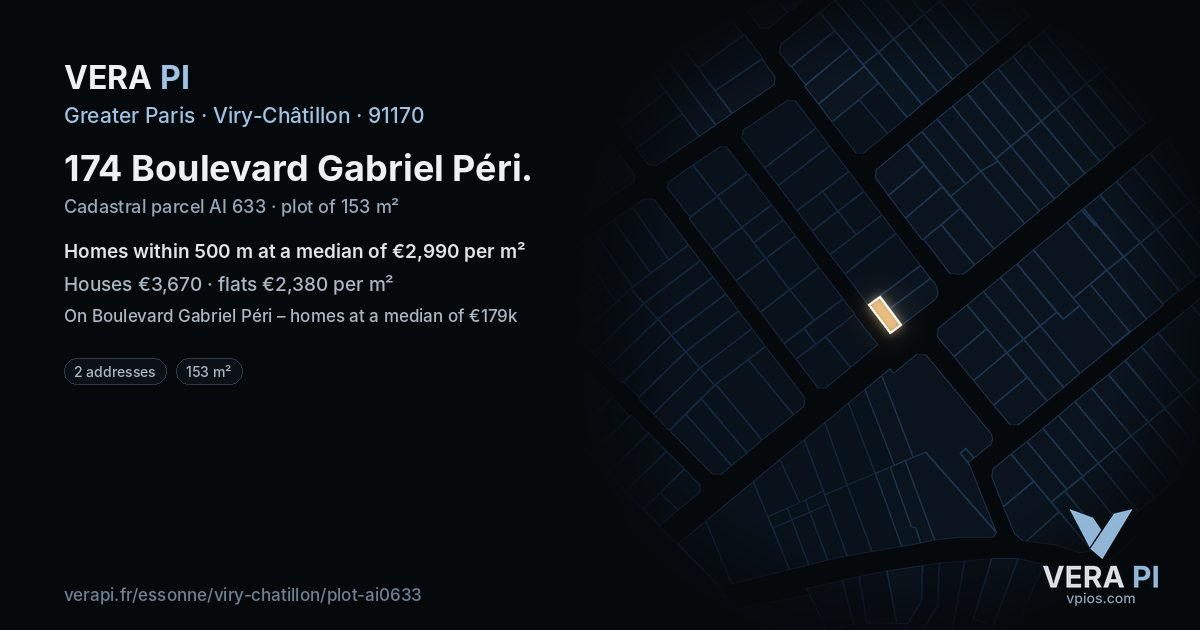 174 Boulevard Gabriel Péri, Viry-Châtillon at night – the plot lit, the parcels around coloured by the prices near them