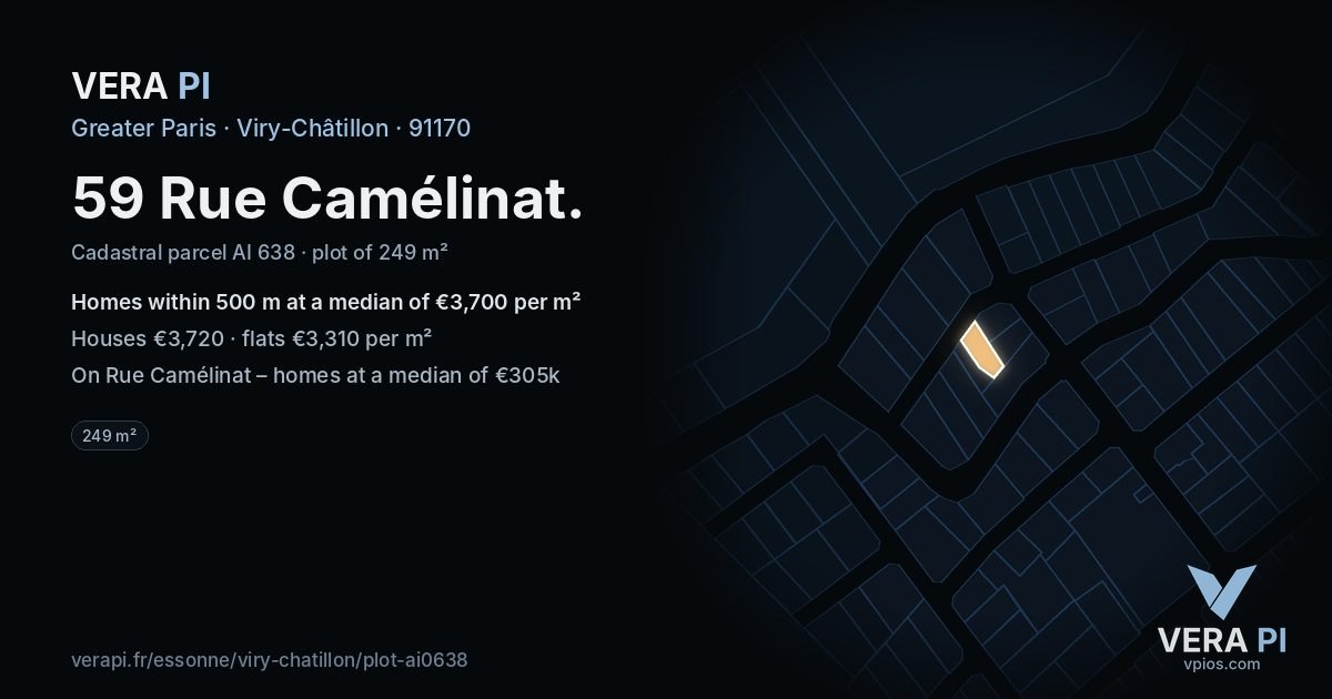 59 Rue Camélinat, Viry-Châtillon at night – the plot lit, the parcels around coloured by the prices near them