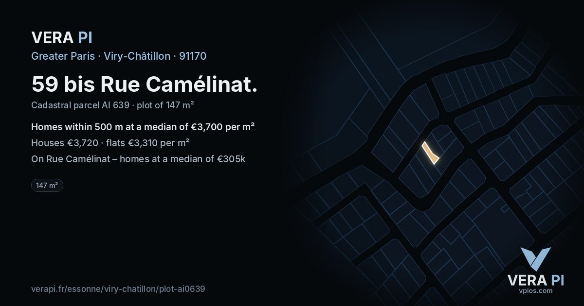 59 bis Rue Camélinat, Viry-Châtillon at night – the plot lit, the parcels around coloured by the prices near them