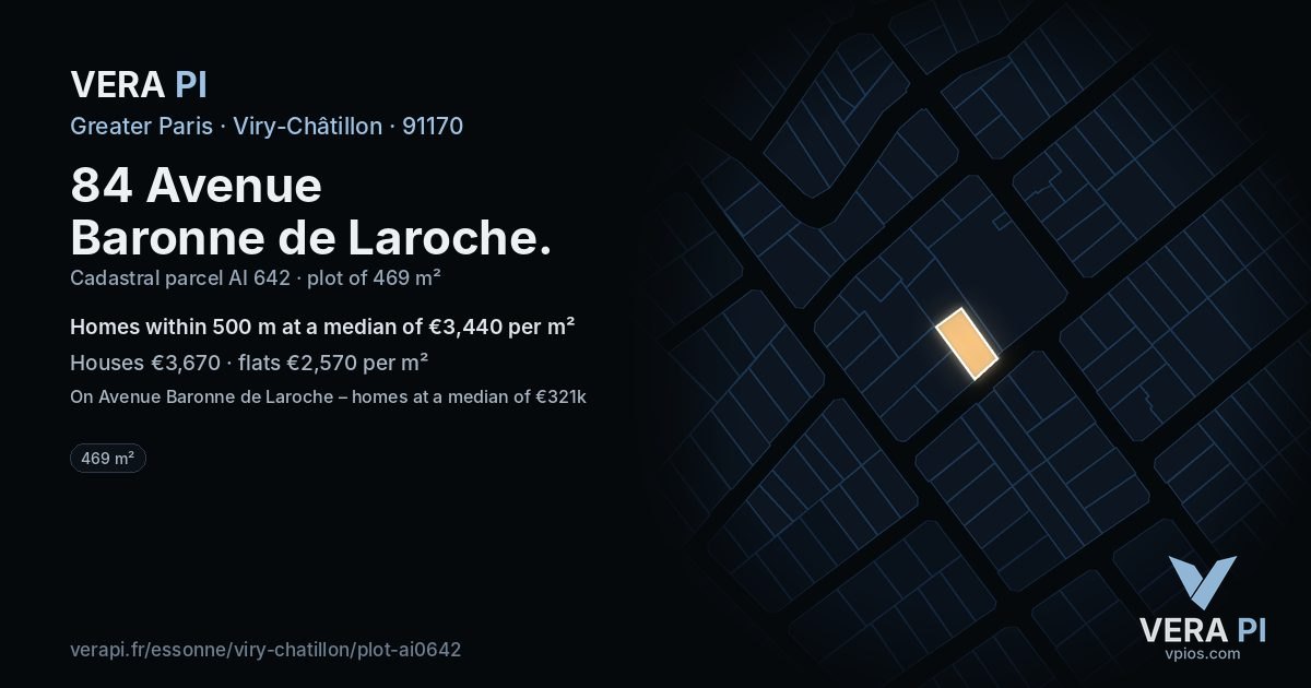 84 Avenue Baronne de Laroche, Viry-Châtillon at night – the plot lit, the parcels around coloured by the prices near them