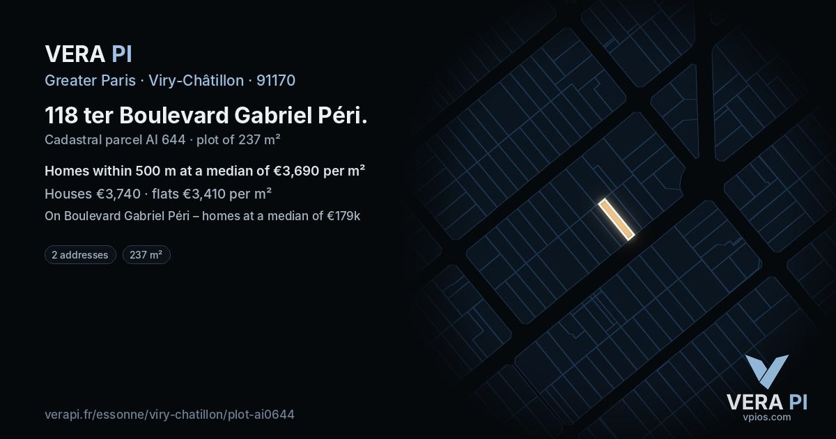 118 ter Boulevard Gabriel Péri, Viry-Châtillon at night – the plot lit, the parcels around coloured by the prices near them