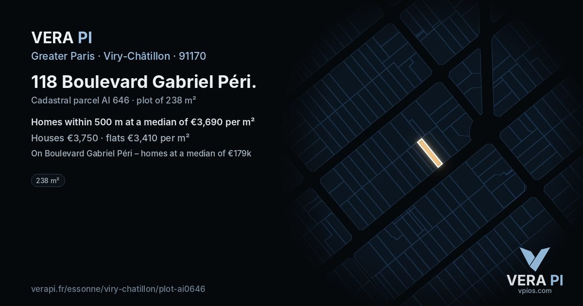 118 Boulevard Gabriel Péri, Viry-Châtillon at night – the plot lit, the parcels around coloured by the prices near them