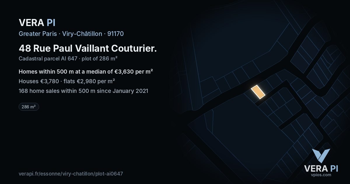 48 Rue Paul Vaillant Couturier, Viry-Châtillon at night – the plot lit, the parcels around coloured by the prices near them