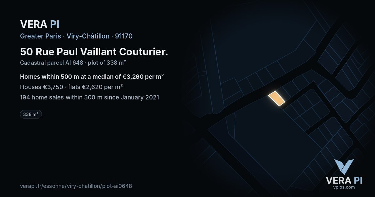 50 Rue Paul Vaillant Couturier, Viry-Châtillon at night – the plot lit, the parcels around coloured by the prices near them