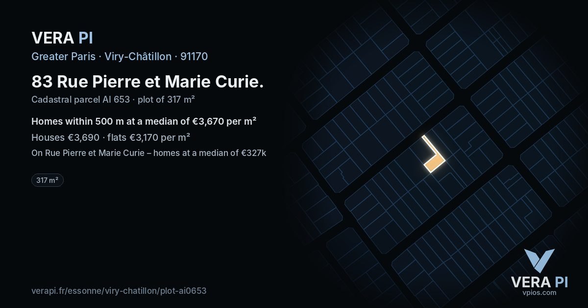 83 Rue Pierre et Marie Curie, Viry-Châtillon at night – the plot lit, the parcels around coloured by the prices near them