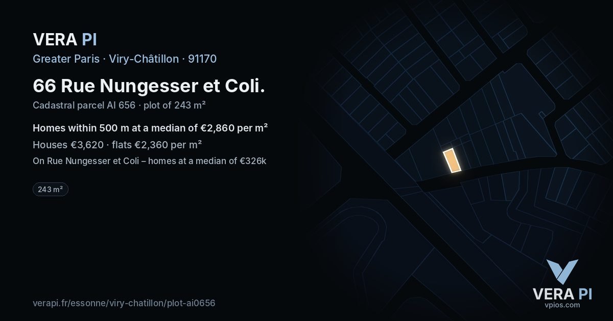 66 Rue Nungesser et Coli, Viry-Châtillon at night – the plot lit, the parcels around coloured by the prices near them
