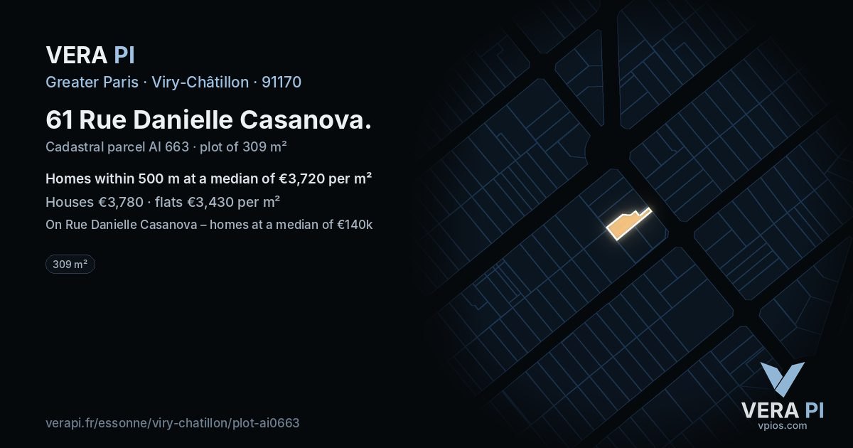 61 Rue Danielle Casanova, Viry-Châtillon at night – the plot lit, the parcels around coloured by the prices near them
