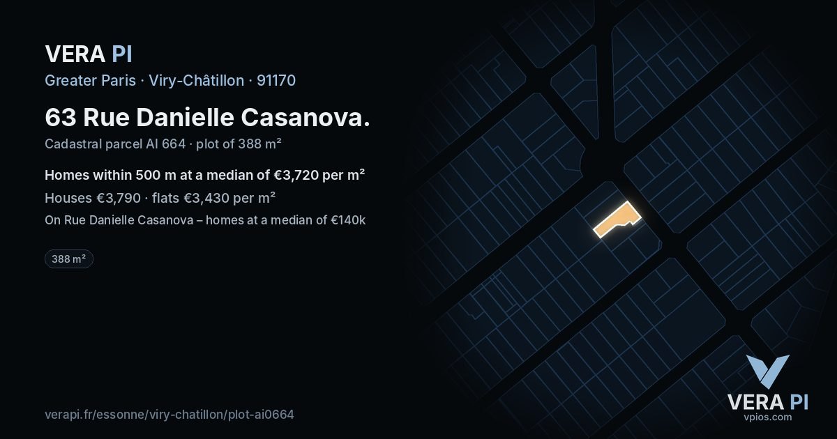 63 Rue Danielle Casanova, Viry-Châtillon at night – the plot lit, the parcels around coloured by the prices near them