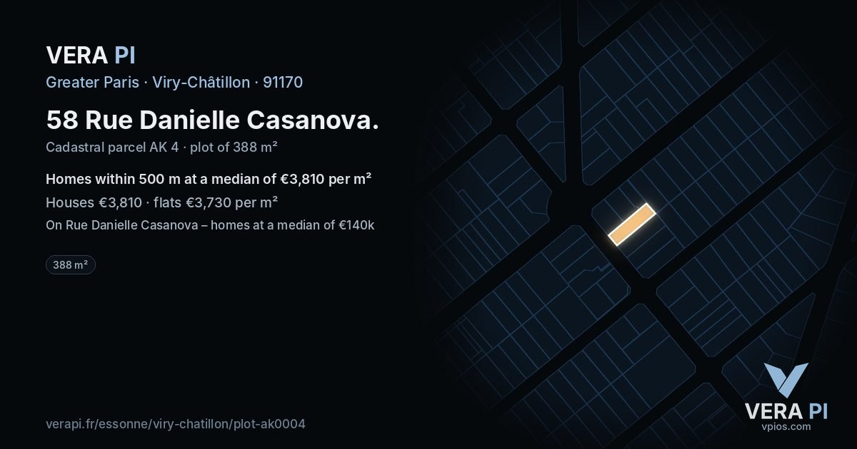 58 Rue Danielle Casanova, Viry-Châtillon at night – the plot lit, the parcels around coloured by the prices near them