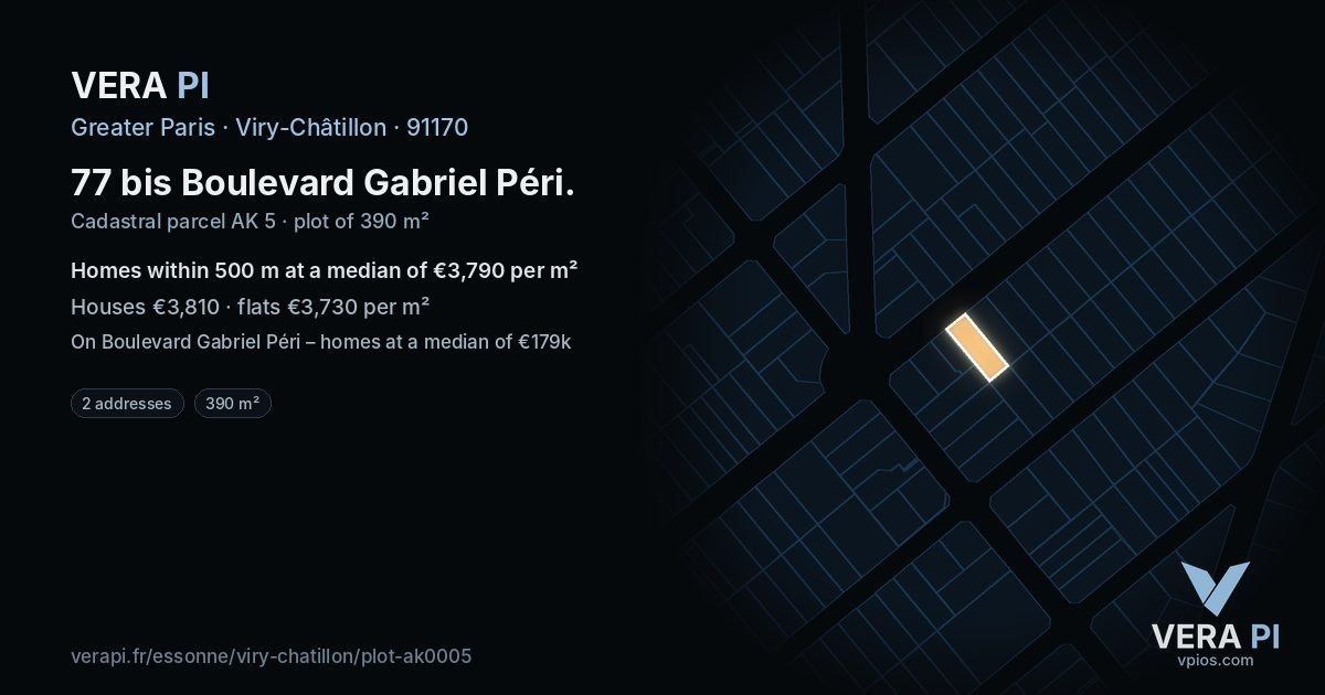 77 bis Boulevard Gabriel Péri, Viry-Châtillon at night – the plot lit, the parcels around coloured by the prices near them