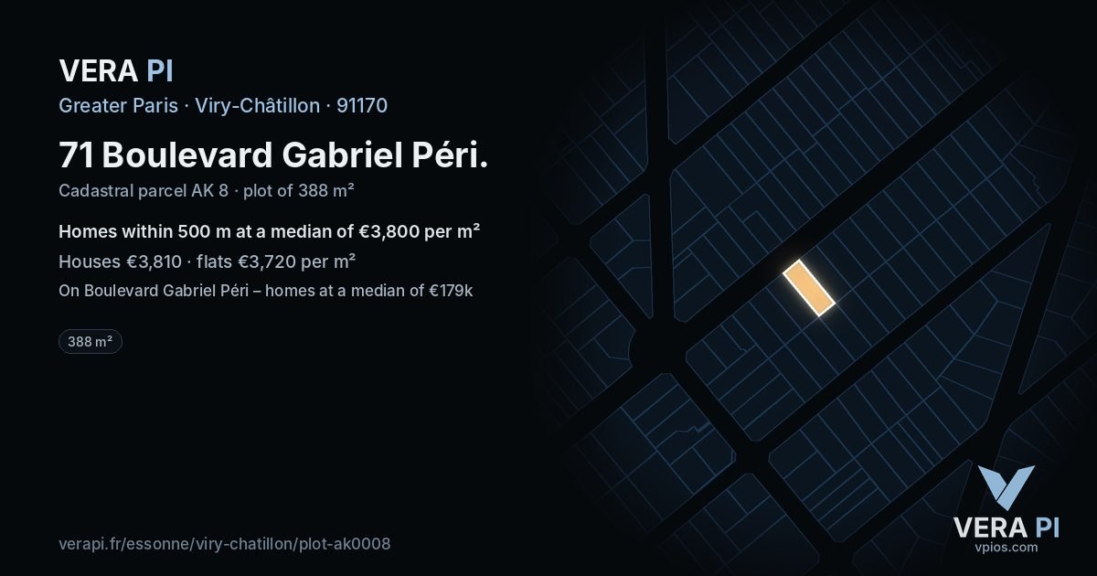 71 Boulevard Gabriel Péri, Viry-Châtillon at night – the plot lit, the parcels around coloured by the prices near them