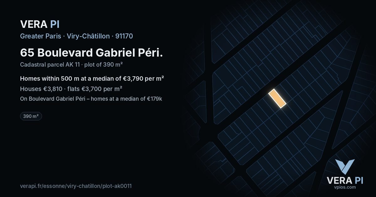 65 Boulevard Gabriel Péri, Viry-Châtillon at night – the plot lit, the parcels around coloured by the prices near them