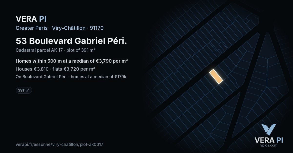 53 Boulevard Gabriel Péri, Viry-Châtillon at night – the plot lit, the parcels around coloured by the prices near them