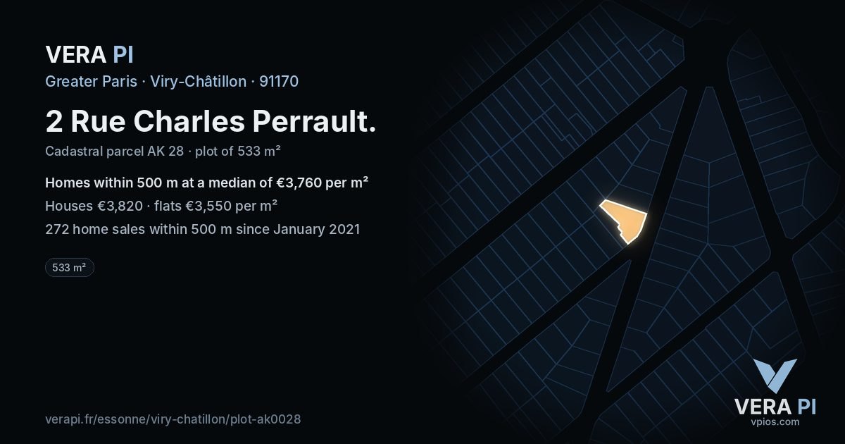 2 Rue Charles Perrault, Viry-Châtillon at night – the plot lit, the parcels around coloured by the prices near them