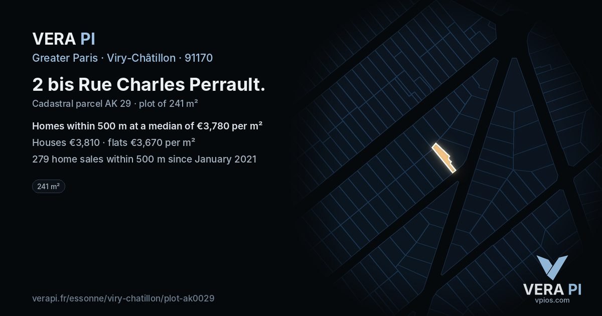 2 bis Rue Charles Perrault, Viry-Châtillon at night – the plot lit, the parcels around coloured by the prices near them