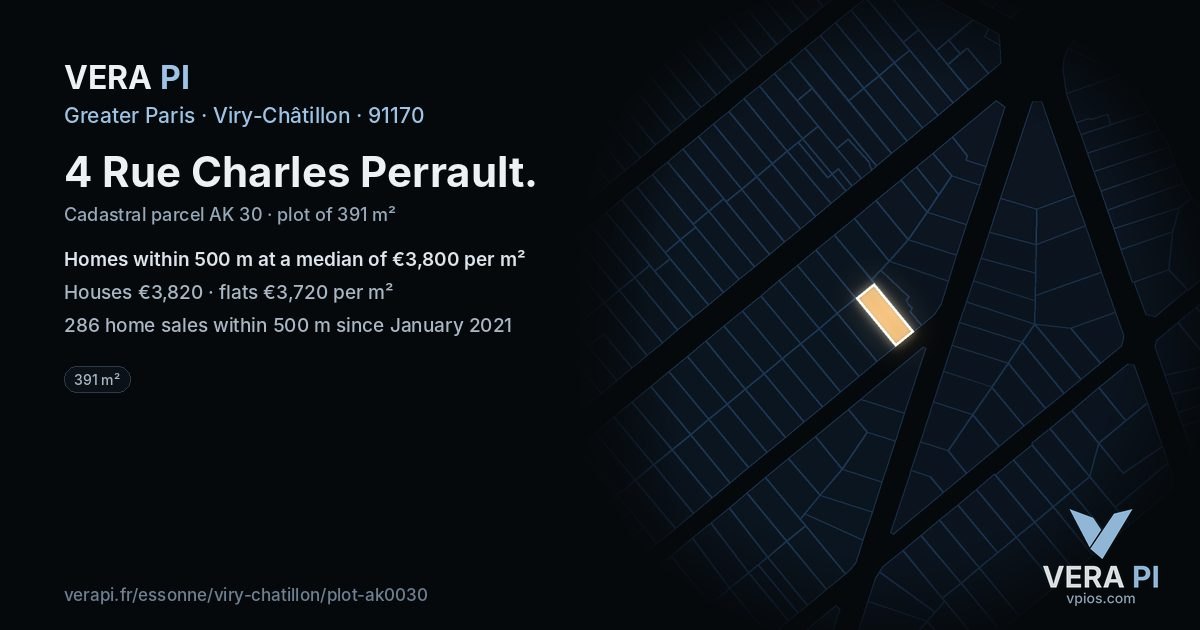 4 Rue Charles Perrault, Viry-Châtillon at night – the plot lit, the parcels around coloured by the prices near them