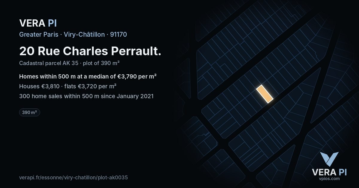 20 Rue Charles Perrault, Viry-Châtillon at night – the plot lit, the parcels around coloured by the prices near them