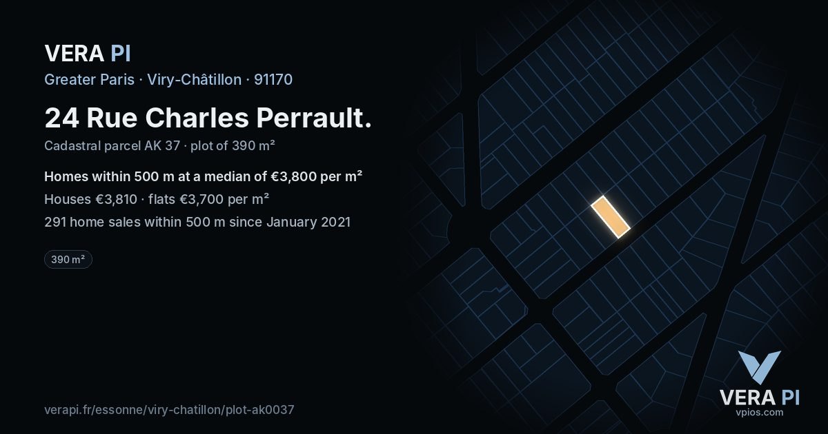 24 Rue Charles Perrault, Viry-Châtillon at night – the plot lit, the parcels around coloured by the prices near them