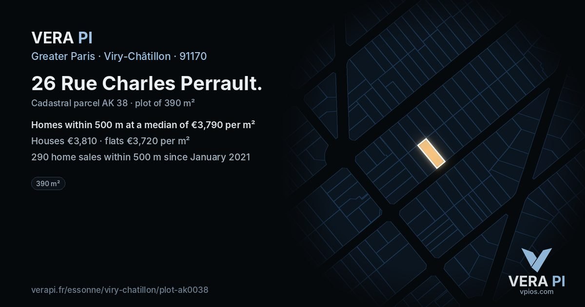 26 Rue Charles Perrault, Viry-Châtillon at night – the plot lit, the parcels around coloured by the prices near them