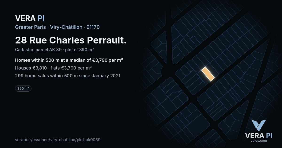28 Rue Charles Perrault, Viry-Châtillon at night – the plot lit, the parcels around coloured by the prices near them