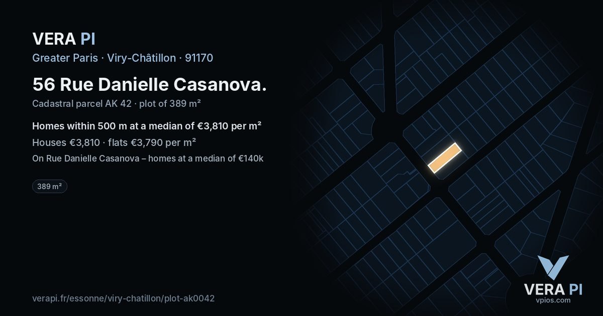 56 Rue Danielle Casanova, Viry-Châtillon at night – the plot lit, the parcels around coloured by the prices near them