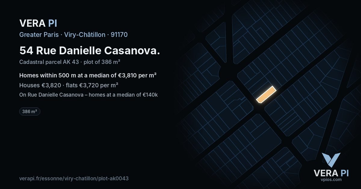 54 Rue Danielle Casanova, Viry-Châtillon at night – the plot lit, the parcels around coloured by the prices near them