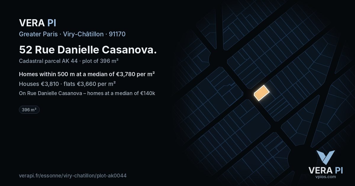 52 Rue Danielle Casanova, Viry-Châtillon at night – the plot lit, the parcels around coloured by the prices near them